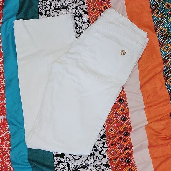 Tory Burch Classic Tory Boot Bootcut White Stretch Jeans Gold Hardware Size 28 - Picture 5 of 7